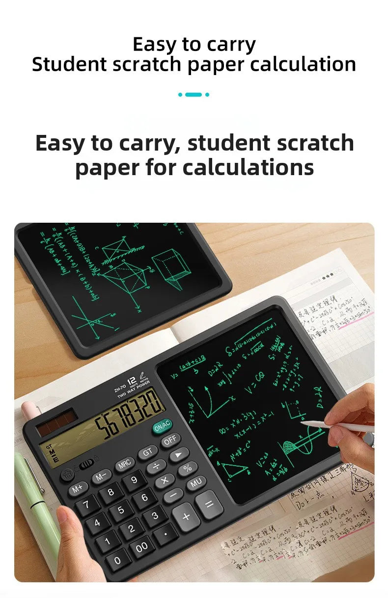 Desktop office calculator; Financial accounting; School office; Teacher student writing draft memo; Handwriting board computer.