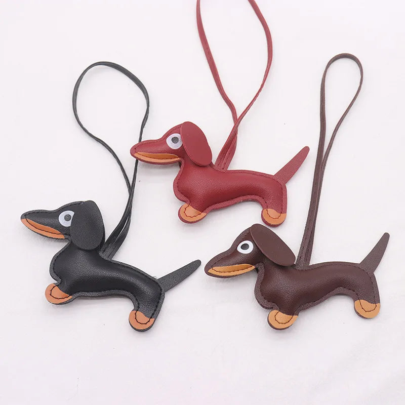 Cute Dachshund Bag Pendant PU Leather Puppy Dog Keychain Sweet Girls Women Bag Phone Pendant Trinket Car Key Ring Gift