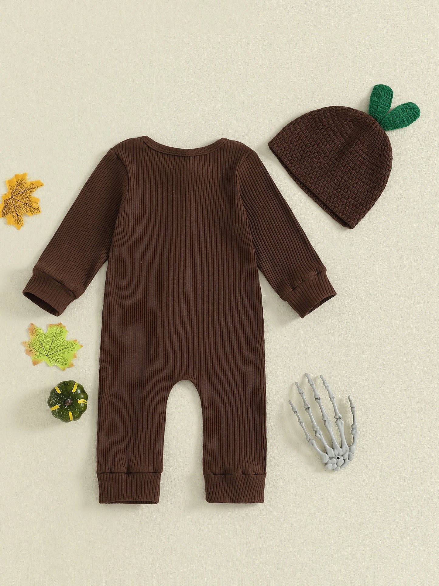 Infant Baby Boy Halloween Outfit Little Mandrake Jumpsuit Long Sleeve Ribbed Zipper Romper with Knit Hat Magic Baby Outfit