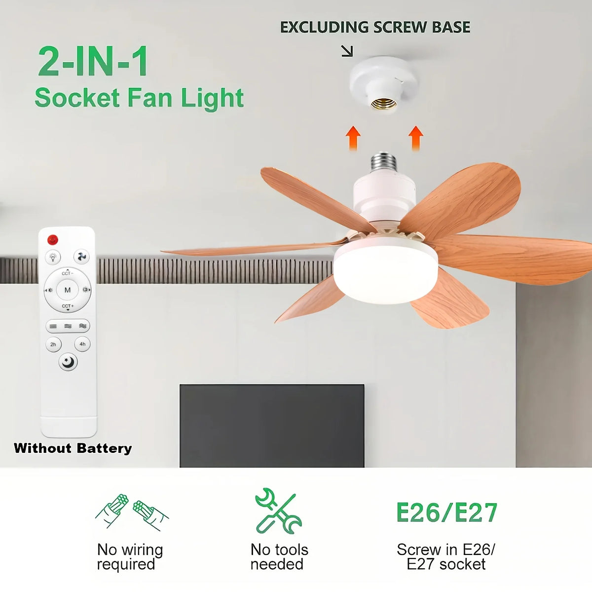 E26/E27 Lamp Holder Fan Light, Smart Ceiling Fan with Light and Remote Control, Easy to Install, Suitable for Bedrooms, Kitchens