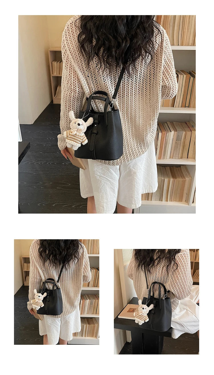 Fashionable Bucket Handbag Women's Shoulder Bag Spring Versatile Commuting Crossbody Bag Soft PU Leather Magnetic Buckle Closure