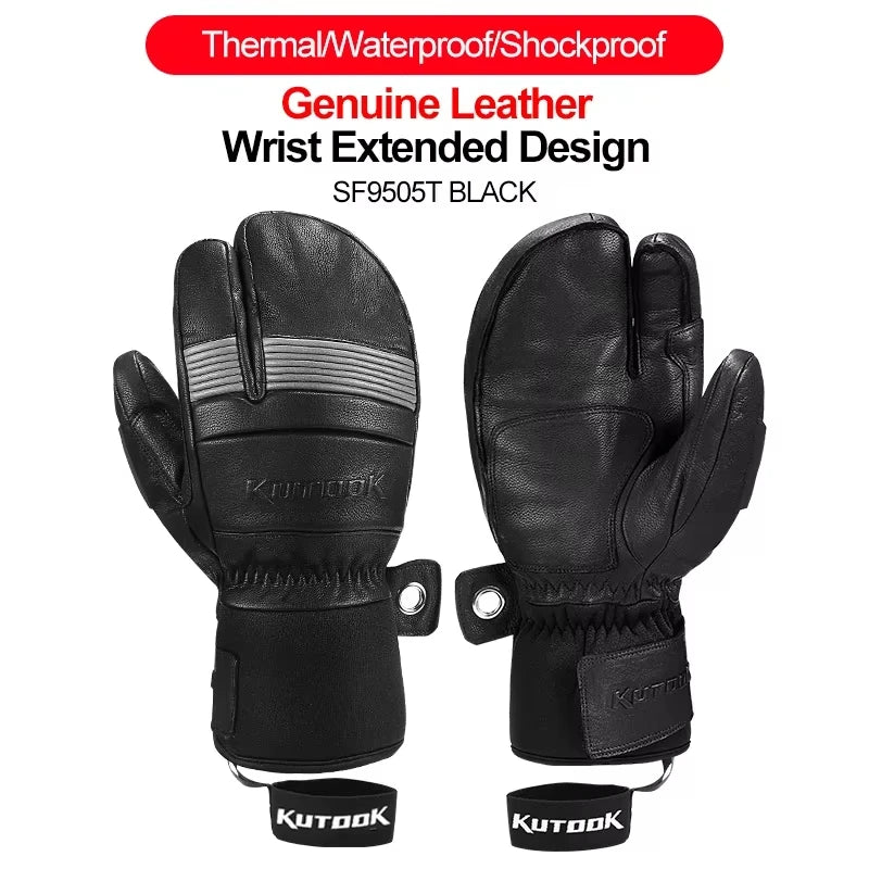 KUTOOK Goatskin Leather Ski Gloves Mittens Waterproof Thicken Winter Snow Snowboard Gloves Thermal Warm Skiing Gloves for Men