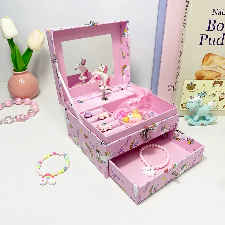 1pc Music Box with Drawer Mirror Rotating Ballet Dancer and pink pony Jewelry Storage for Ring Necklaces Bracelets Birthday Gift