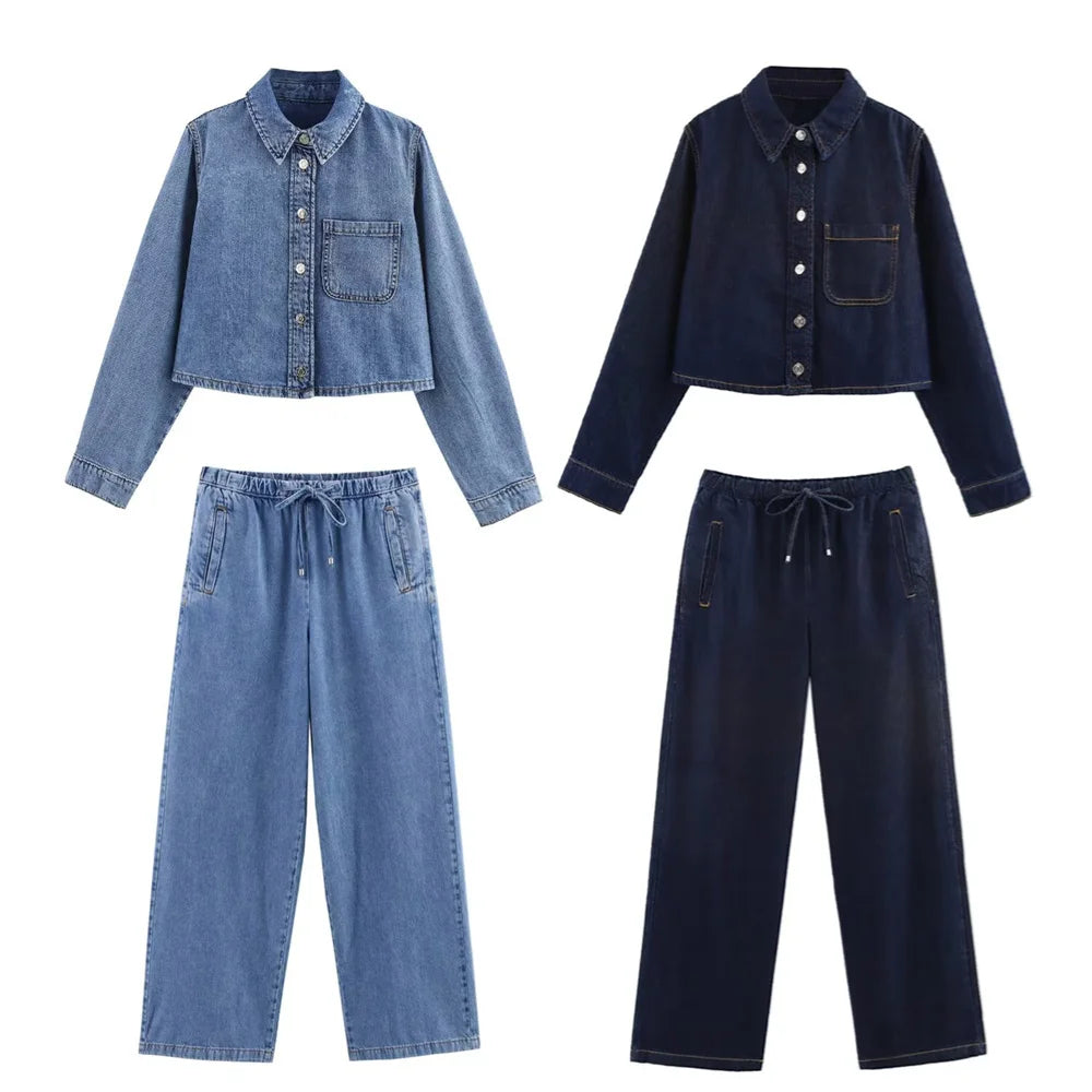 Women's Versatile Denim Long sleeved Short Shirt Top Long pants Set Spring/Summer New Product Casual Women's Wear