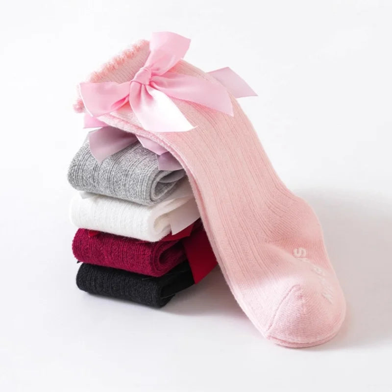 3Pairs/set Baby Girls Big Bow Knee High Socks Spring Autumn Children Non-slip Floor Sock Infant Toddler Princess Stockings 0-3Y