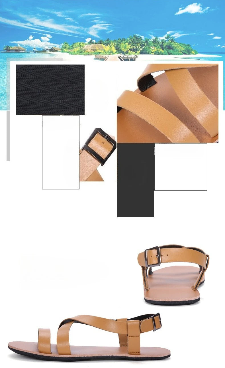 Mens Summer Breathable Leather Sandals Comfortable Roman Slippers for Outdoor Walking Casual Wear Non Slip