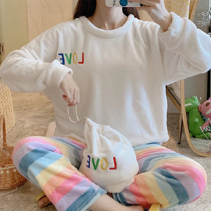 Winter Fleece Thick Women's Pajamas Set Cute Bear Plaid Long Sleeve Womens 2 Piece Outfit Set Printing Pijamas Set for Woman