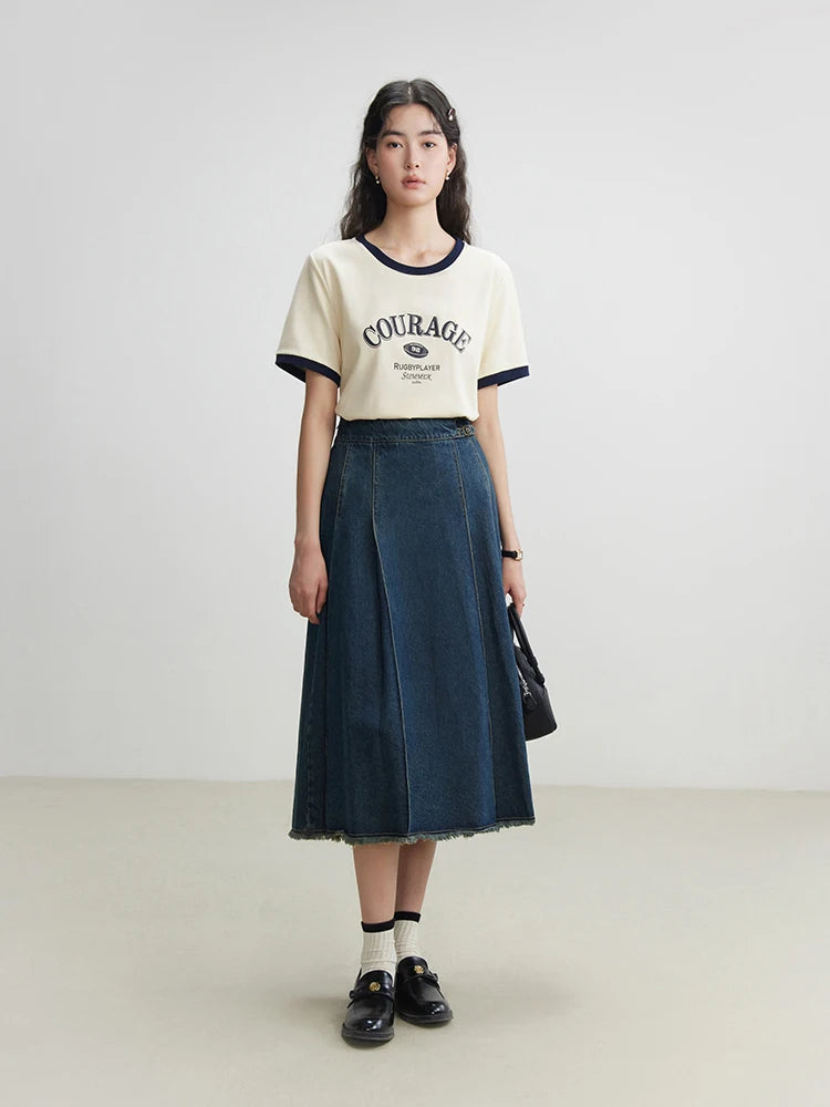 DUSHU Contrasting Color Women Round Neck T-shirts Letter Print Design Summer Beige Short Sleeve Tops Casual Tees 24DS82220