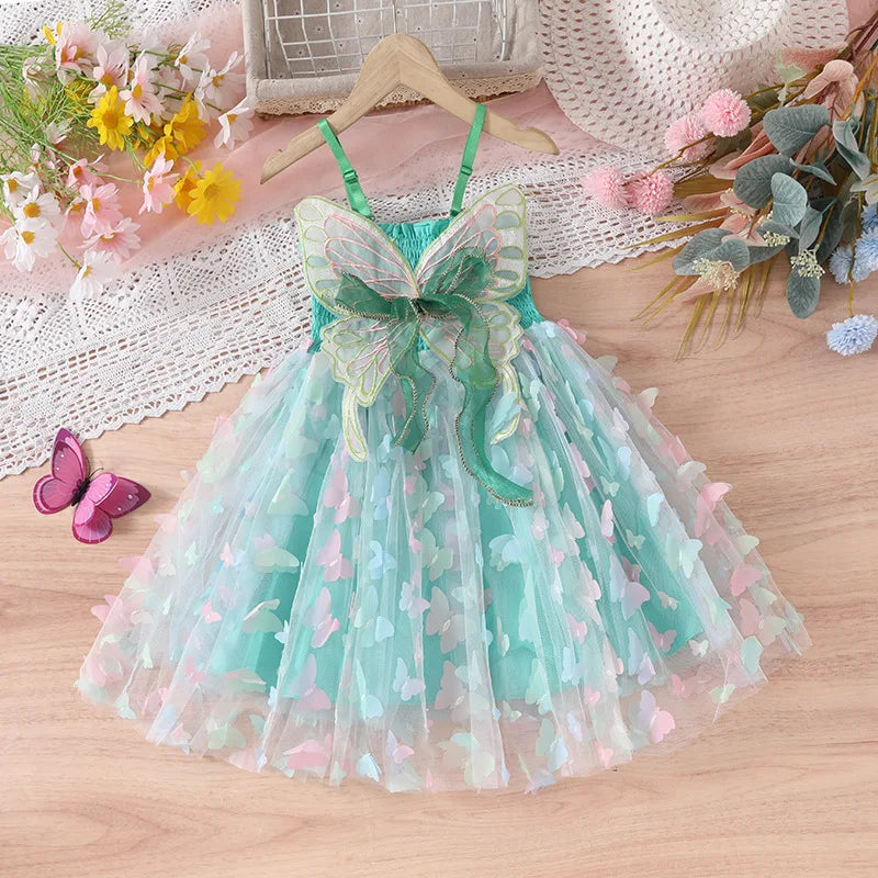 Baby Girls Big Butterfly Wings Gauze Princess Dress Lovely Kids Summer Sleeveless Tulle Sling Dress Children Birthday Party Gown