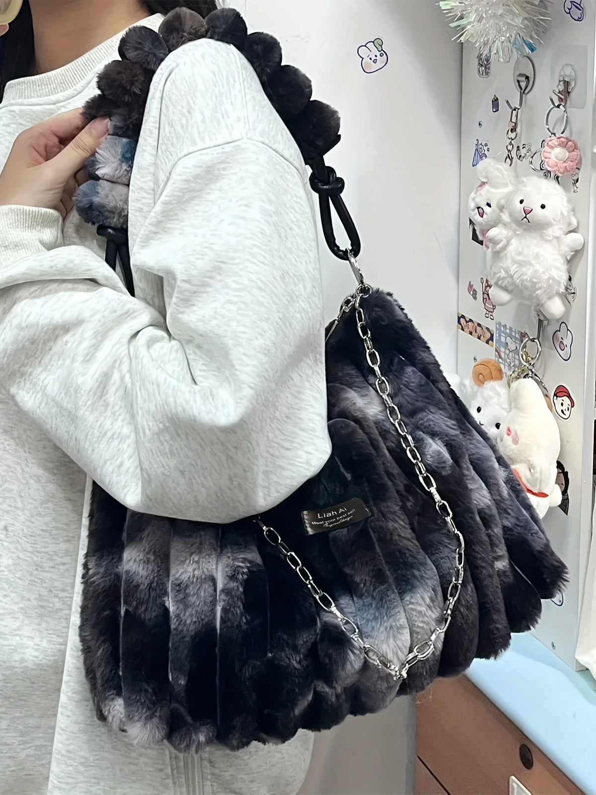 Women's Large Plush Tote Bag with Crossbody/Handheld Carry Soft Striped Plush Exterior Cozy Handbag for, Travel, Everyday Use