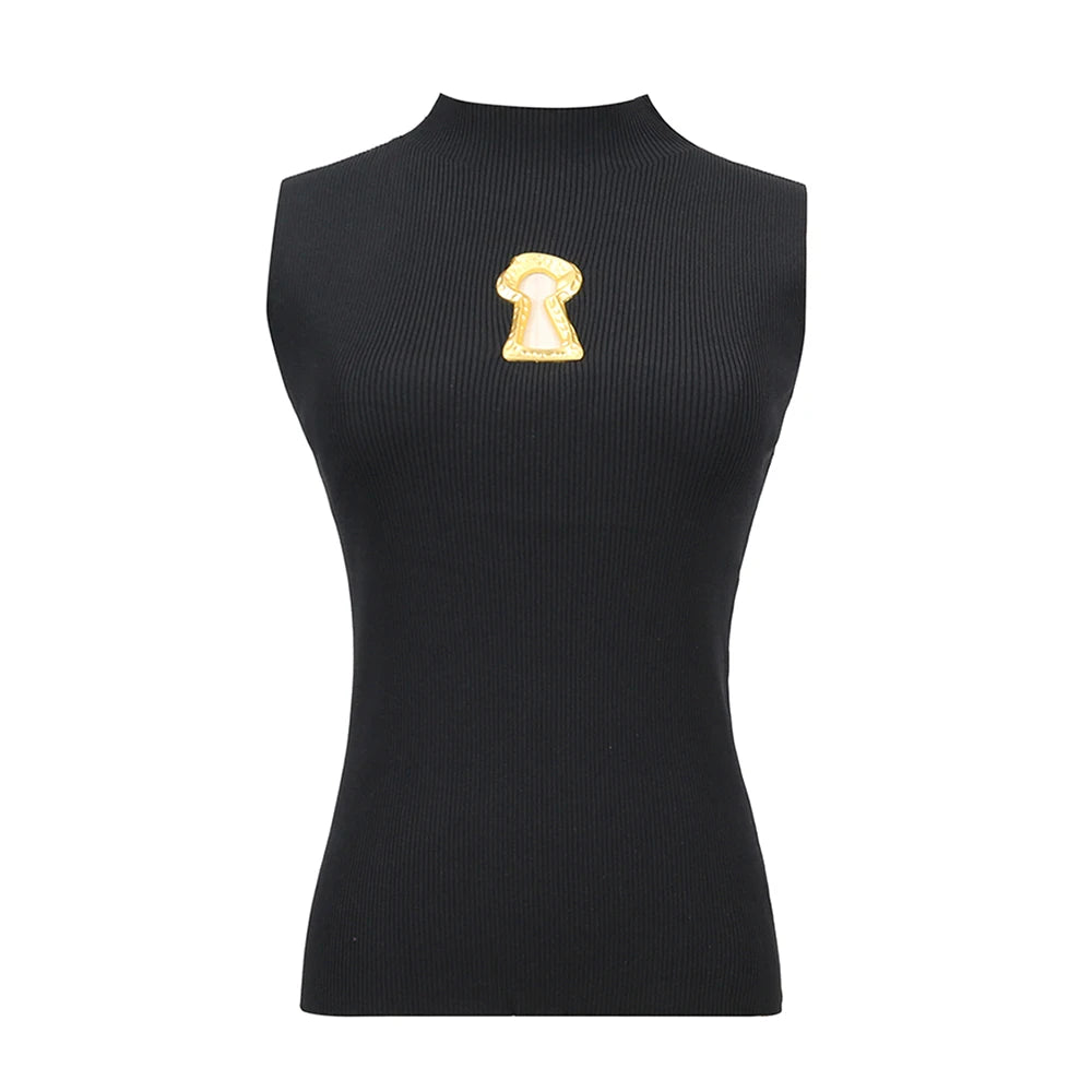 VGH American Casual Spliced Hollow Out Vest for Women Stand Collar Sleeveless Slimming Minimalist Tank Top Female Clothing New