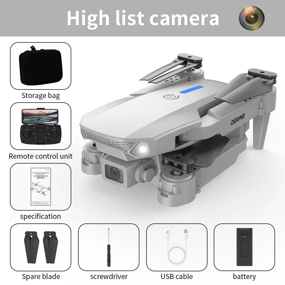 White Gray E88E99 Lighting Screen Control Mini Drone Dual Camera Optical Flow Fixed Height HD Aerial Photography Quadcopter