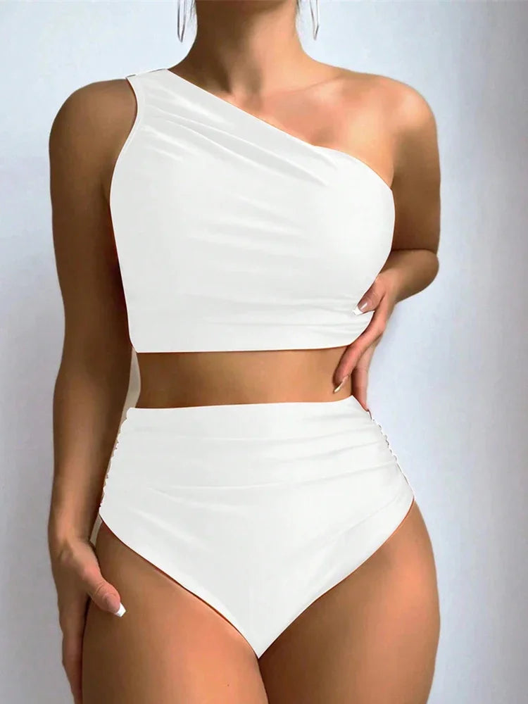 Circyy Single Shoulder Bikini Set Women Swimsuit Two-Piece Pleated Female Swimwear Bathing Summer Fashion High Waisted Beachwear