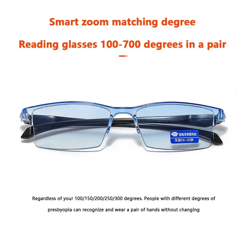 New Anti Blue Ray Reading Glasses Smart Automatic Zoom Reading Glasses Autofocus Power +1.0(100) ~ +7.0(700) Half-Rim Unisex