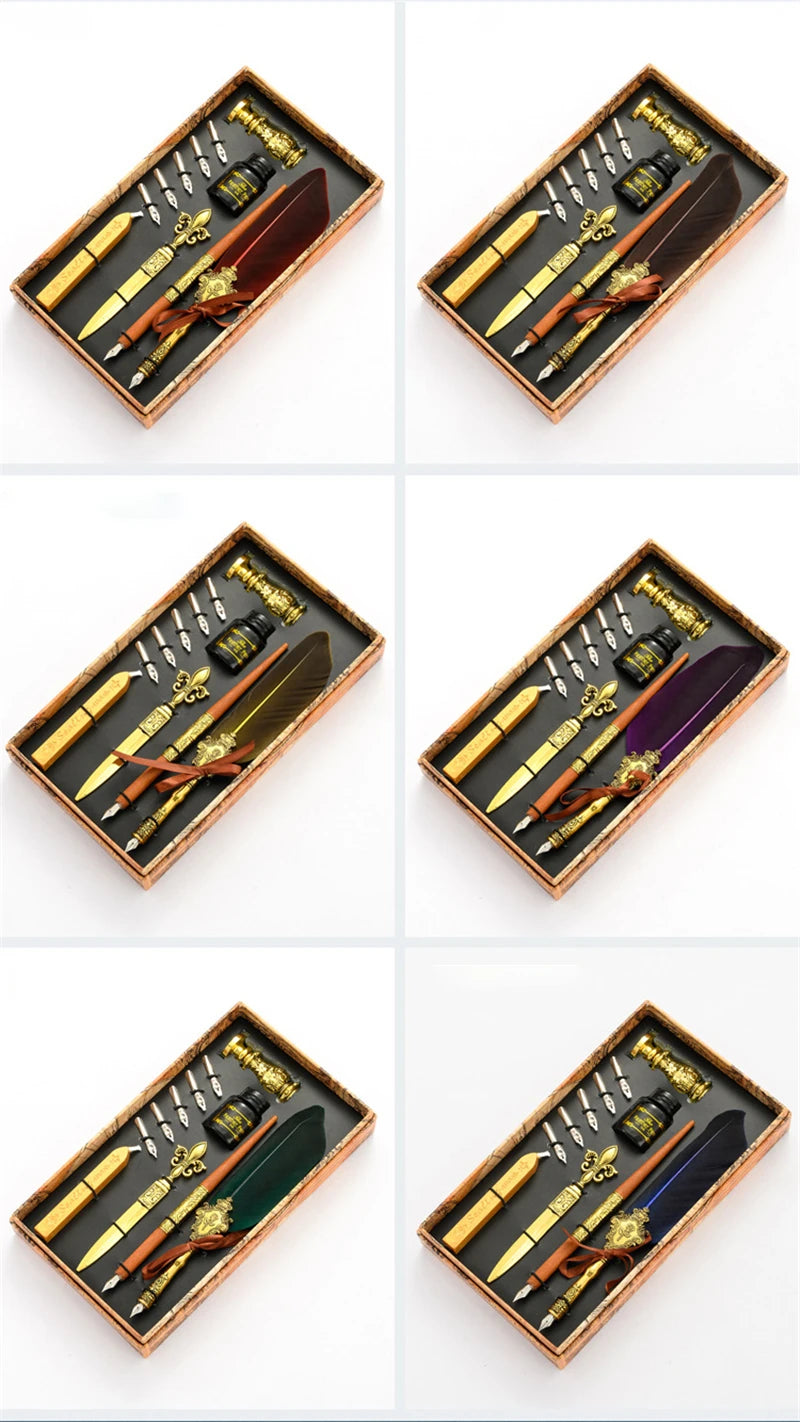 Sprinkling Gold Vintage Feather Pen Set Luxury Fountain Pen Ink Bottle Calligraphy Writing Dip Pen Nib Quill Birthday Gift Box