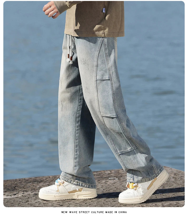 Jeans men's American high street vintage washed crease splicing men's spring and fall models loose straight pants