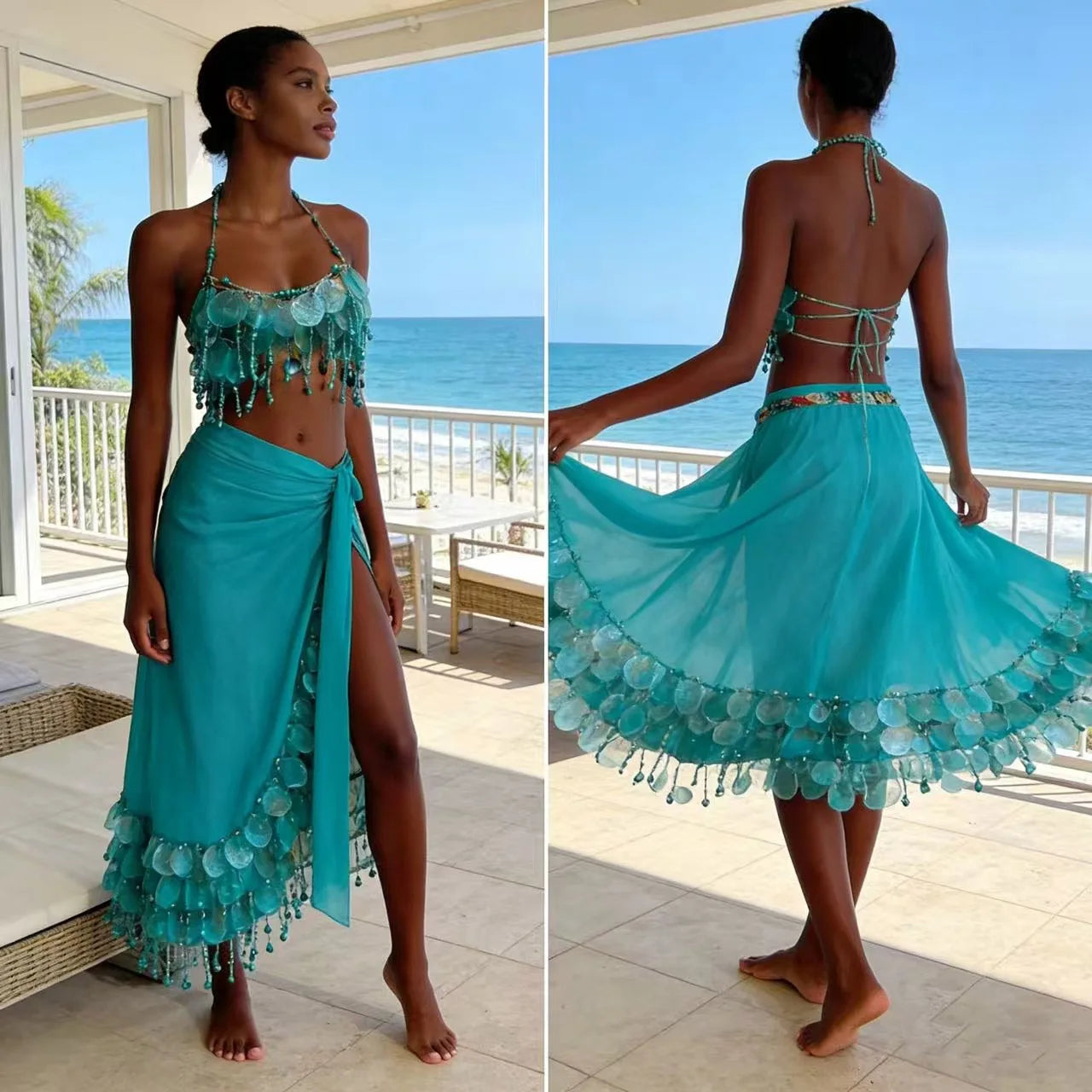 Handmade Sparkly Bohemian Mermaid Shell Beaded Halter Top Women Summer Beach Party Vacation Rave Outfit Sequins Beaded Bra Tops