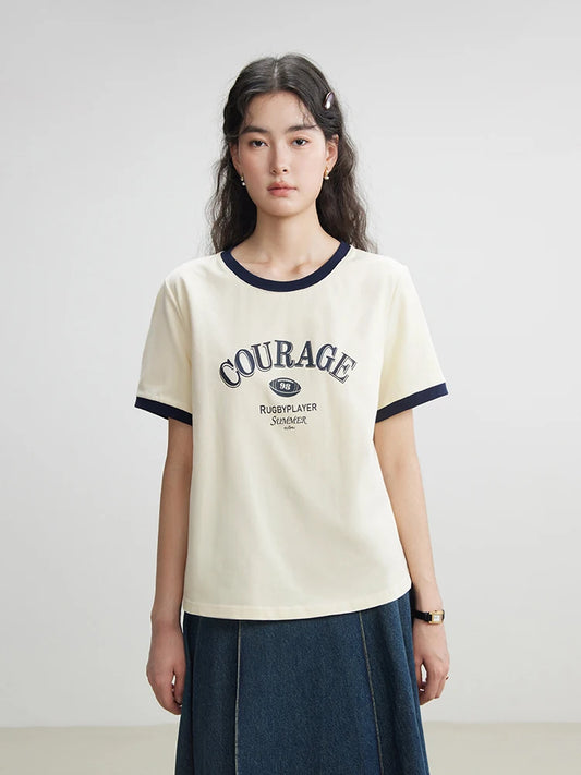 DUSHU Contrasting Color Women Round Neck T-shirts Letter Print Design Summer Beige Short Sleeve Tops Casual Tees 24DS82220