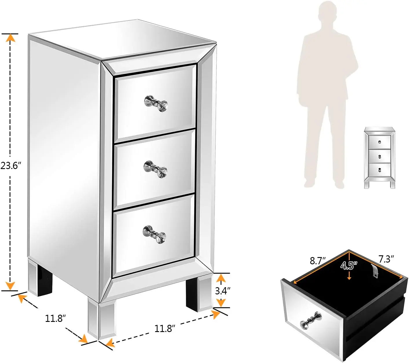 Mirrored Nightstand with 3-Drawers Silver Side End Table Mirrored Furniture for Small Space, Bedroom, Living Room
