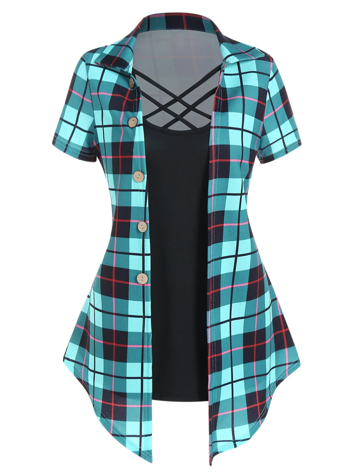 Vintage Plaid Print Crisscross Pointed Hem Faux Twinset T Shirt Women Fashion Casual Retro Combo Twofer 2 In 1 Tees