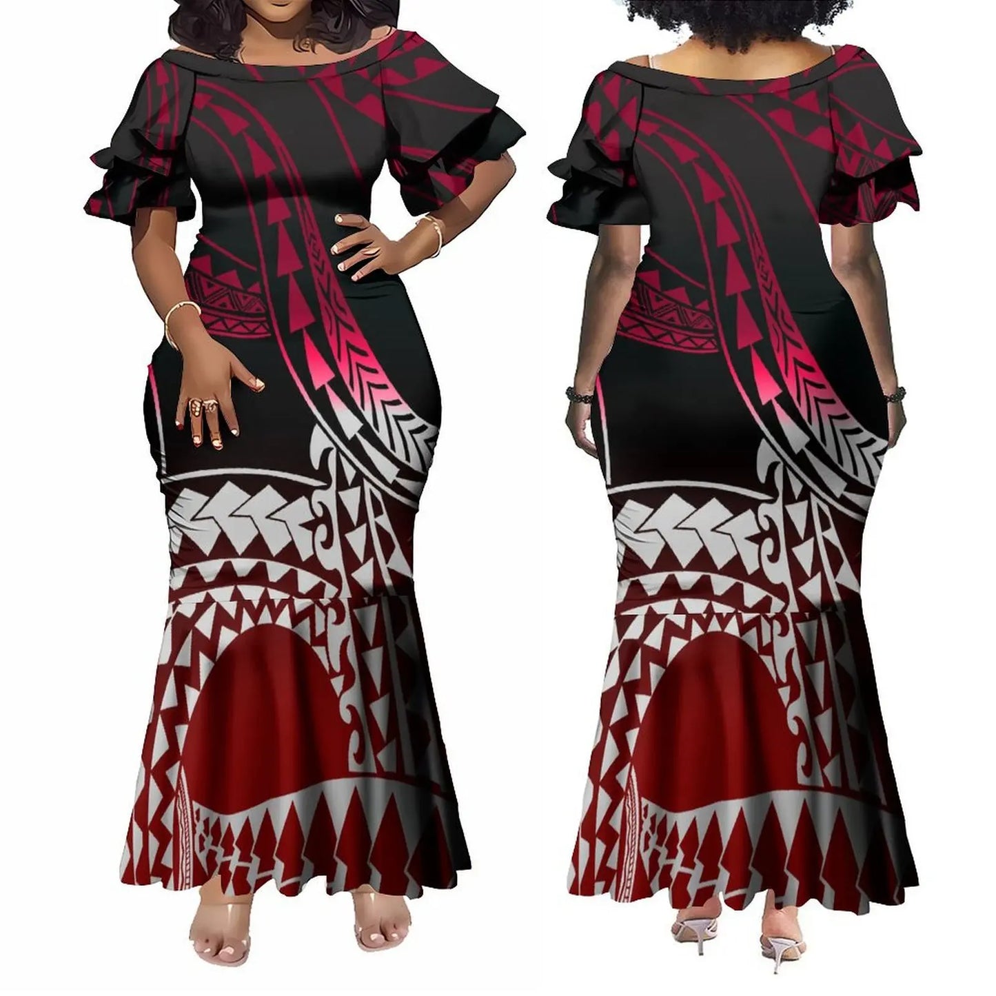 Custom Polynesian Tribal Couple Set Samoan Women'S Temperament Slim Dress Women'S Mermaid Maxi Skirt Men'S Shirt