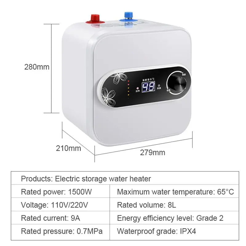 8L Water Storage Instant Electric Water Heater Rapid heat Insulation Digital display Thermostat Knob Control Up Down Water Inlet