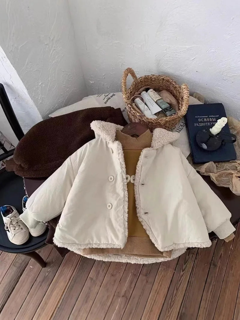 2025 Winter New Baby Warm Lamb Cashmere Hooded Coat Solid Versatile Boys Girls Padded Jacket Plus Velvet Thick Infant Clothes