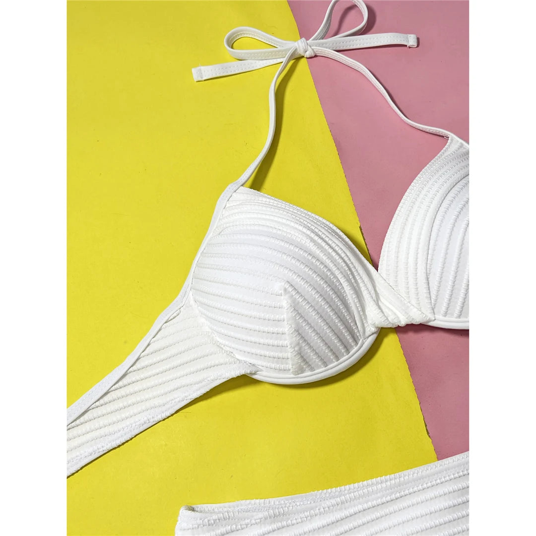 Wrinkled Halter Underwired Bikini Women Swimwear Female Swimsuit Two-Pieces Bikini Set Mid Waist Bather Bathing Suit Swim V5440