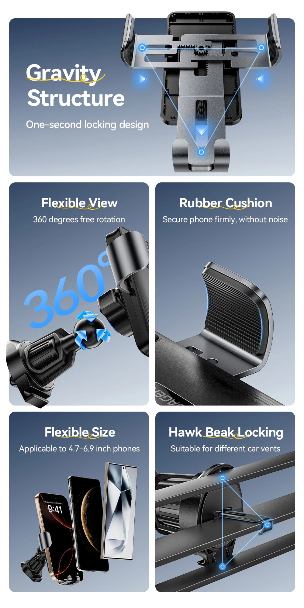 Essager Gravity Car Phone Holder Air Vent Clip Mount Mobilephone Stand For 4.7-6.5 Inch Phone  For iPhone 16 15 14 13 Pro Xiaomi