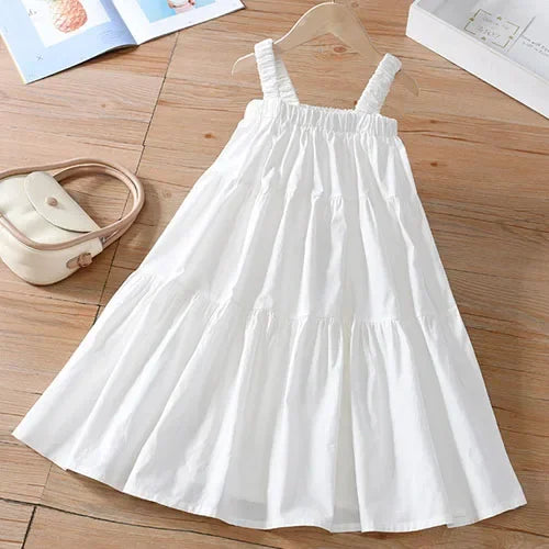 2025 New Summer Baby Girl Birthday Wedding Party Dress Short Sleeved Cotton Solid Color Dress 2-10Yrs Kids Princess Dresses