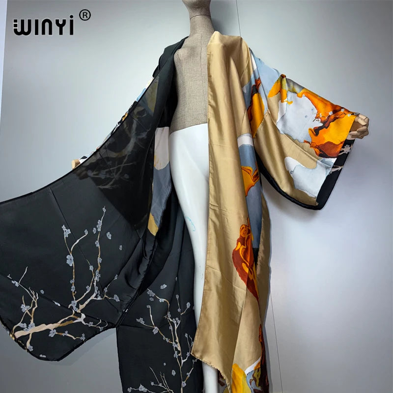 Kimonos verano Women sukienka Print Long Sleeve Cardigan Female Blouse Loose Casual beach Cover Up boho dress party kaftan