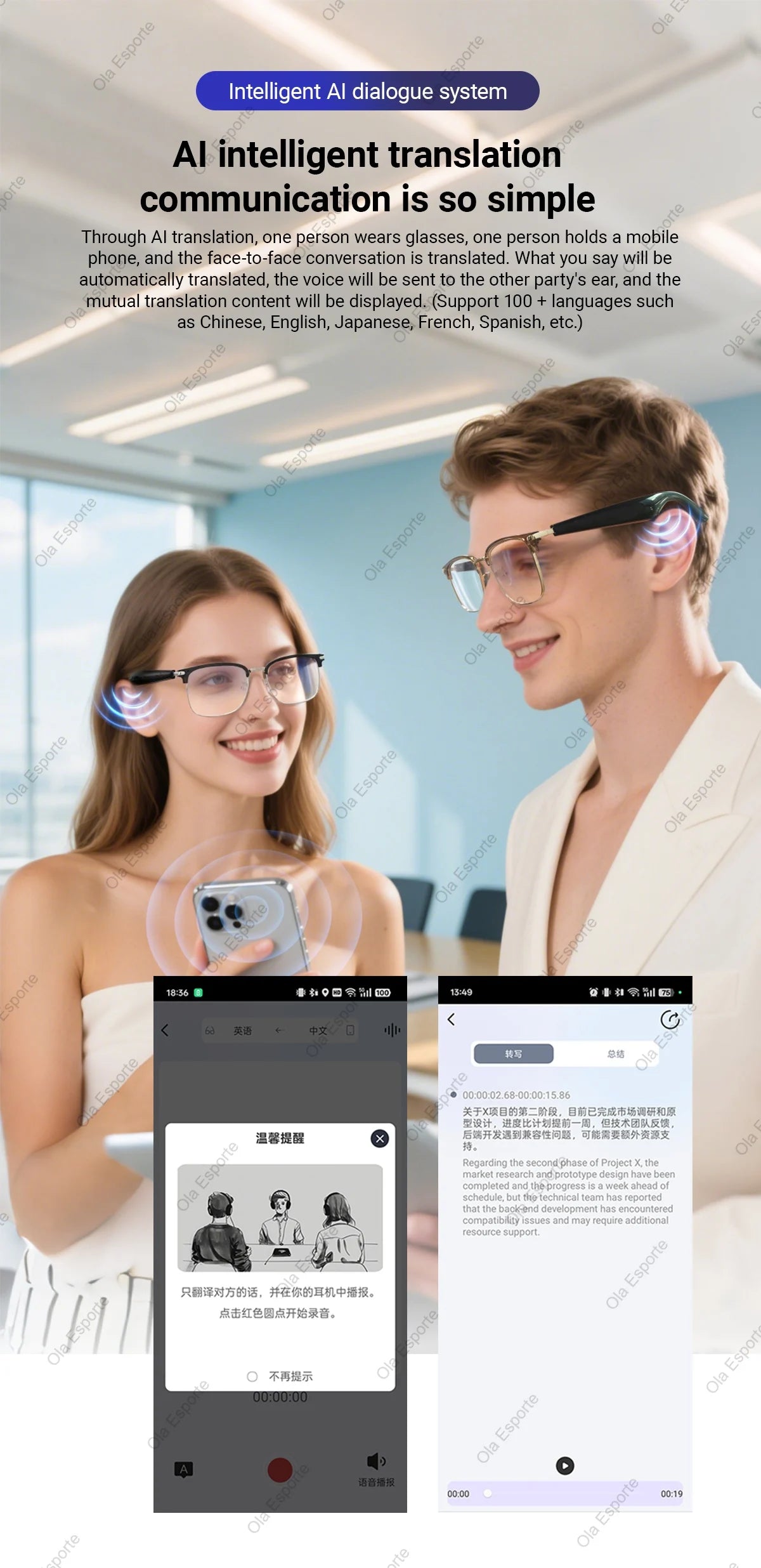 Smart Glasses AI Intelligent Translation Bluetooth Glasses Real-time Simultaneous Interpretation Headset Anti Blue Light 2025