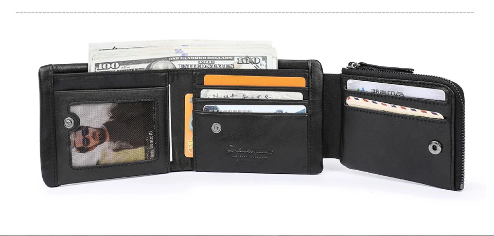 CONTACT'S Genuine Leather Men Wallet Vintage Trifold Hasp Wallet Zipper Coin Purse Card Holder Money Clip Men's Wallets