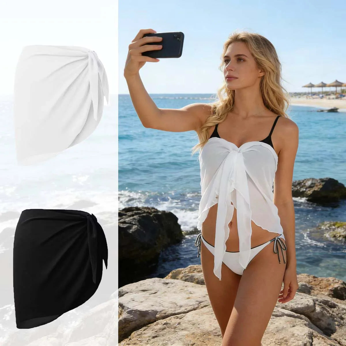 Summer Vacation Bikini Beach Skirt Women Beach Swimming Chiffon Skirt Lightweight Scarf Beach Swimsuit Hoodie Strap Design Sexy