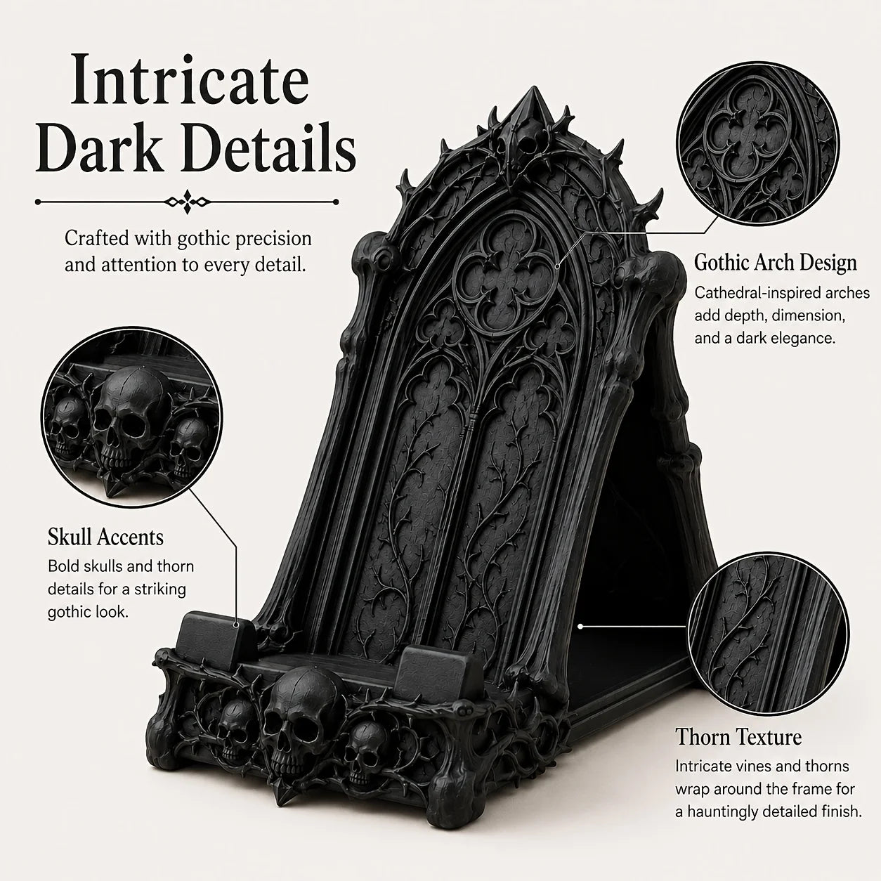 Gothic Skull Phone Stand, Dark Gothic-style Desktop Phone Holder, featuring details of skulls and thorns, decorative phone stand