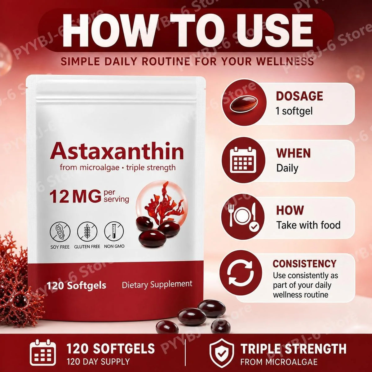 Astaxanthin Softgels Triple Strength From Microalgae Supports Healthy Aging Promotes Collagen Supports Skin Barrier 120 Softgels