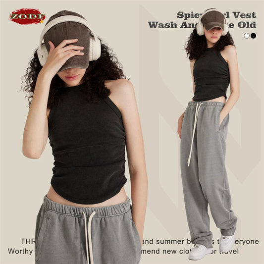 ZODF Women 2025 Hotsweet Girls Washed Cotton Tank Tops Female 315gsm Slim Pleated Arc Hem Camisole TEE Brand Tops HY0574