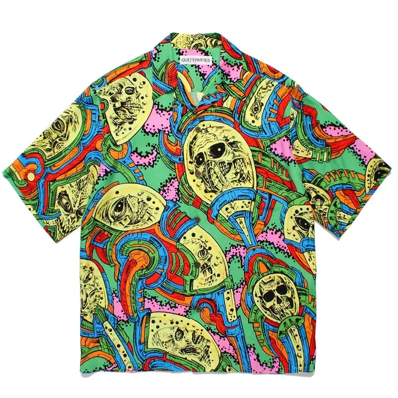 High-end Summer WACKO MARIA Solid Color Cursive wackomaria Embroidery Logo Simple Hawaii Short Sleeve Shirt