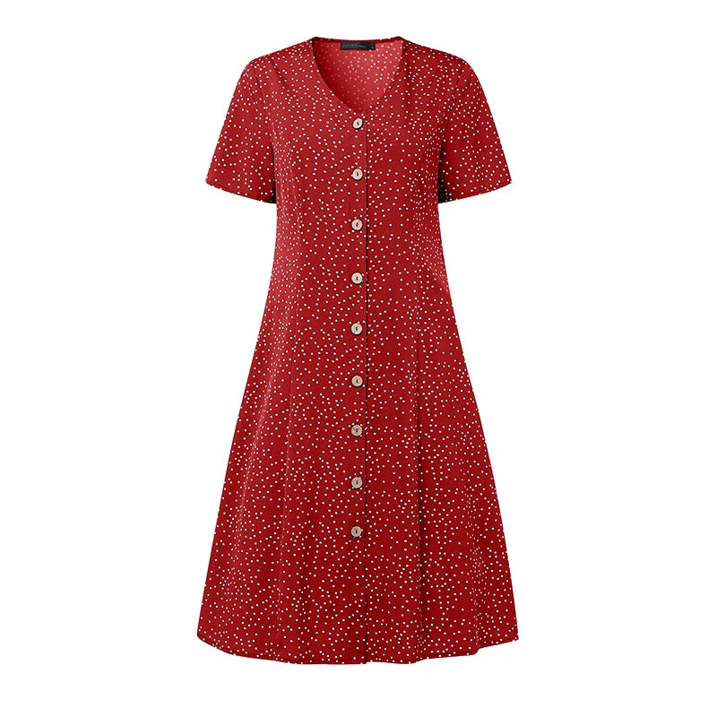 ZANZEA Women Summer Casual Dress 2025 Short Sleeve Polka Dot Bohemian Holiday Sundress V-Neck Loose Buttons Beach Vestidos Robe