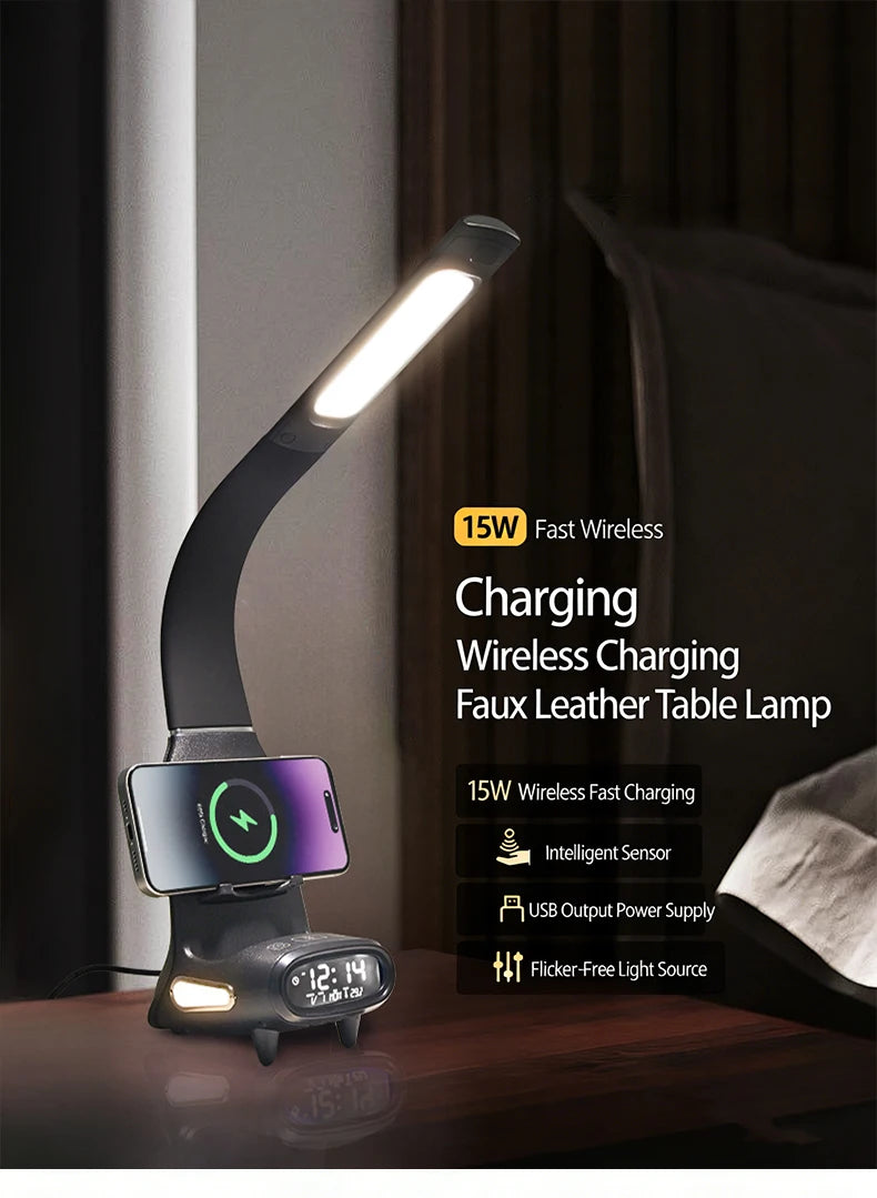 Multi-Function Eye-Protecting Reading Desk Lamp for Students 3000K-6000K Stepless Dimming 15W Wireless Fast Charging Study Light