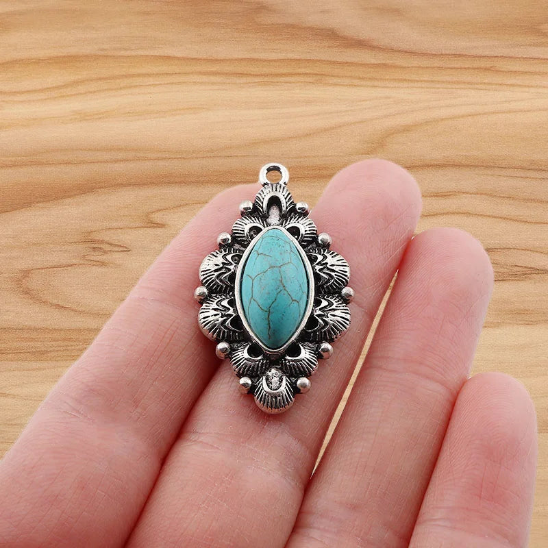 4 Pieces Tibetan Silver Color & Turquoise Crystal Hollow Charms Pendants For DIY Necklace Jewelry Making Accessories
