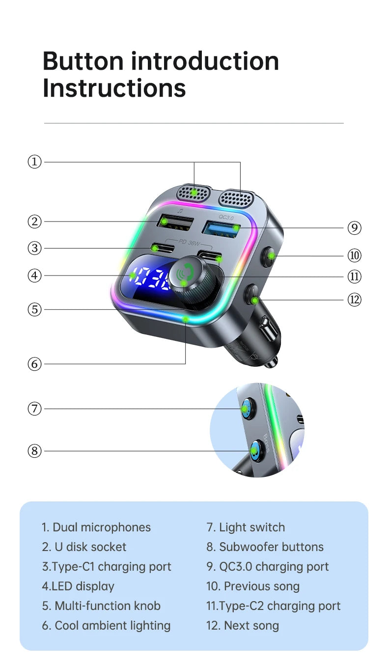 66W Fast Car Charger Bluetooth 5.4 FM Transmitter Wireless Radio Handsfree Calling Dual Mics & Deep Bass Car Charger Dual PD