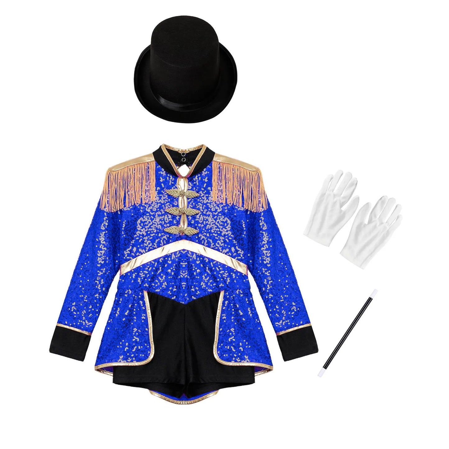 Kids Girls Circus Ringmaster Magician Drum Band Costume Sequins Bodysuit with Hat Gloves Wand Halloween Carnival Fancy Dress Up