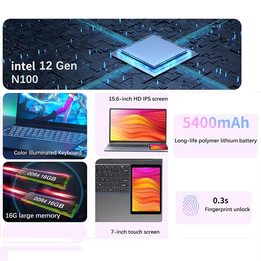 GLF-Y2 Dual Screen Laptop Intel N100 Max 15.6 Inch IPS+7'' Touch 32G DDR4 M.2 2T SSD Slim Business Computer Gen Office Notebook