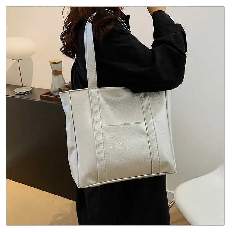 Simple Large Capacity Tote Bags for Women Retro Pu Leather Ladies Shoulder Bag Commuter Portable Girls Student Underarm Handbag