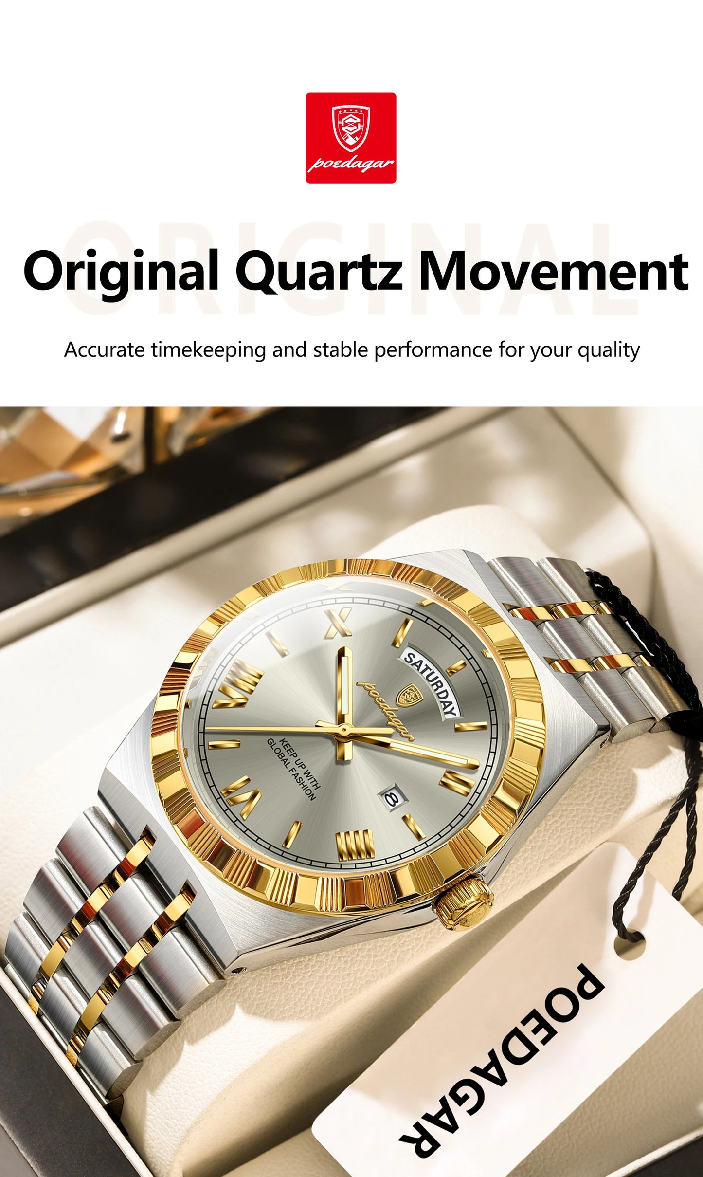 POEDAGAR Original Male Watch Luminous Waterproof Week Date Men Wristwatch Stainless Steel Business Quartz Men's Watches Gift+Box