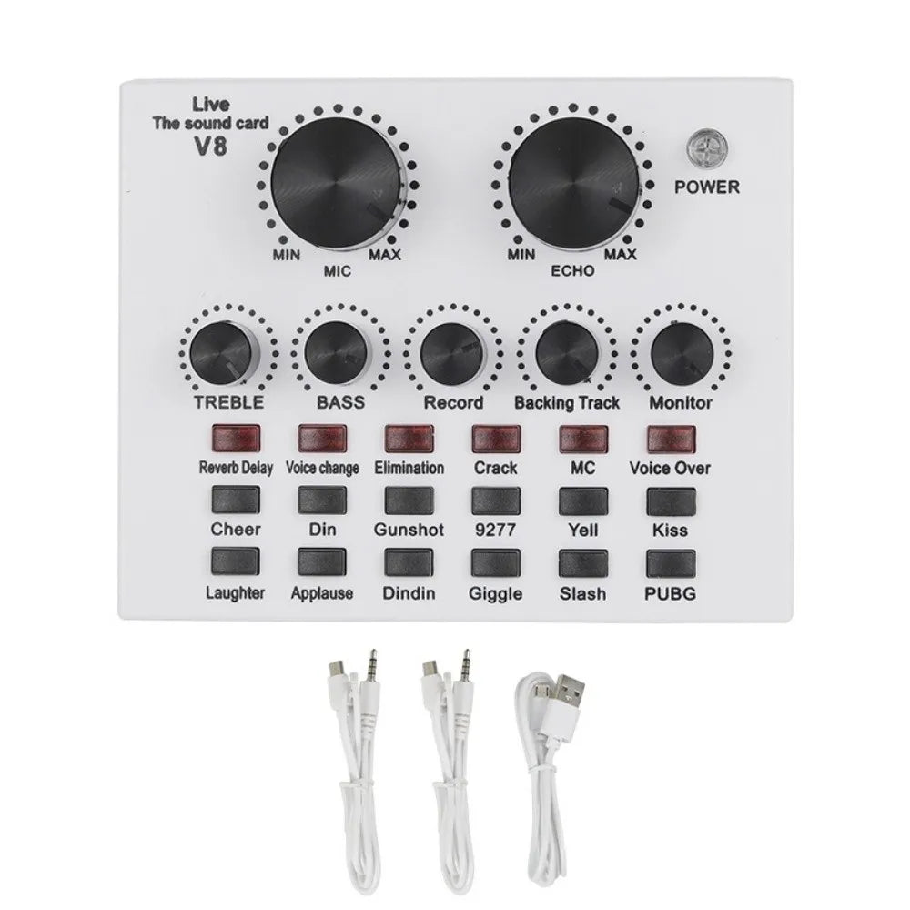 Audio Mixer V8 Sound Card Karaoke Recording Studio Record Mic Sound Card Black White External Sound Card Mobile Record