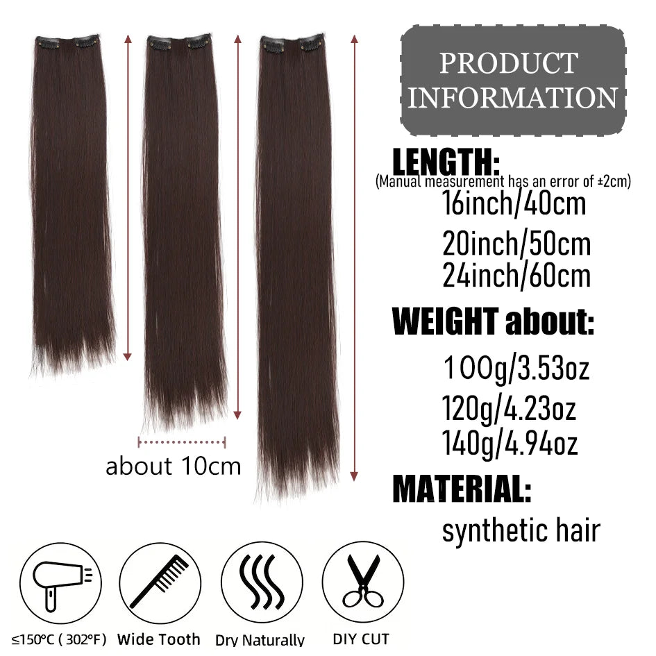 4pc synthetic women's 16inch/20inch/24inch four piece straight hair extensions, black/brown wig, suitable for daily wear