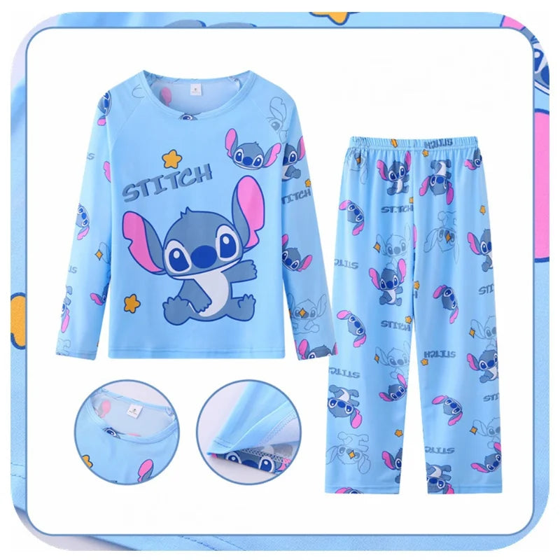 2025 Spring Summer 2pcs/set Stitch Homewear Pajamas for Kids Baby Soft Milk Silk Blue Anime Stitch Long Sleeve Sleepwear Sets