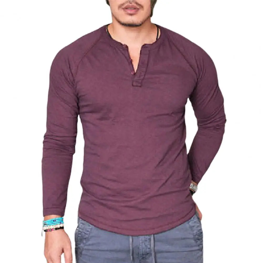 Men Cotton T-shirt All Match O Neck Buttons Slim Long Sleeve Men T-shirt T-shirt Breathable Cotton O Neck Blouse Male Autumn Tee